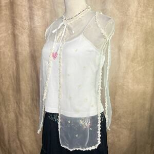 Vintage 60s Handmade Mesh Chiffon Sleeveless Bed Jacket Sheer Sequined Coquette